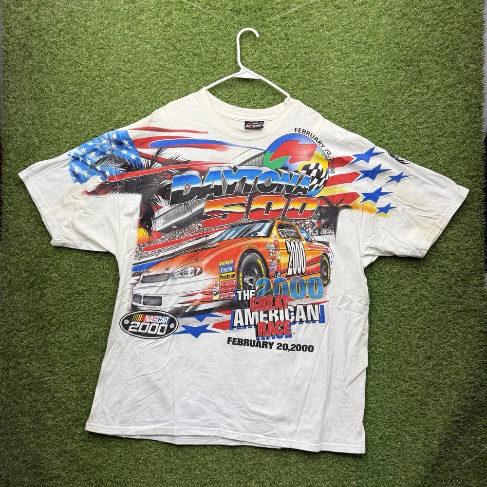 Vintage NASCAR Racing All Over Print Shirt Mens 2XL White 2002 Graphic USA y2k